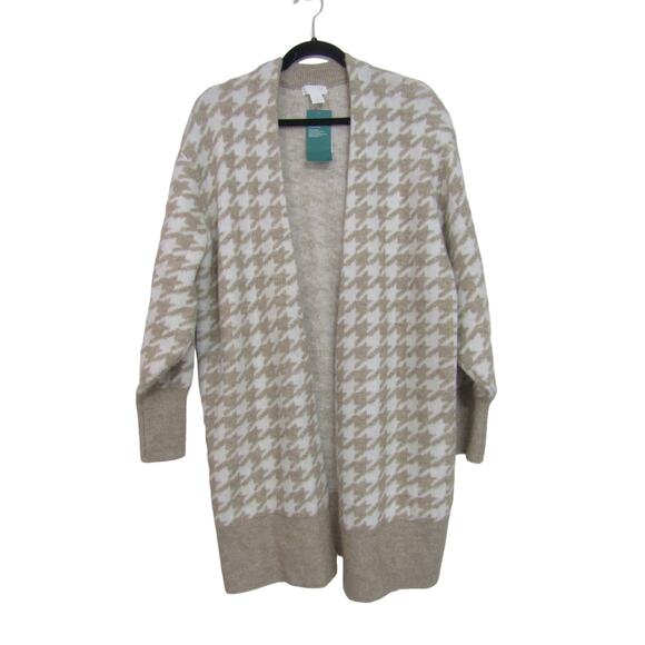 H&M Tan Houdstooth Cardigan Sweater Womens sz M Coastal Nautical Boho Cottaecore - Picture 1 of 6